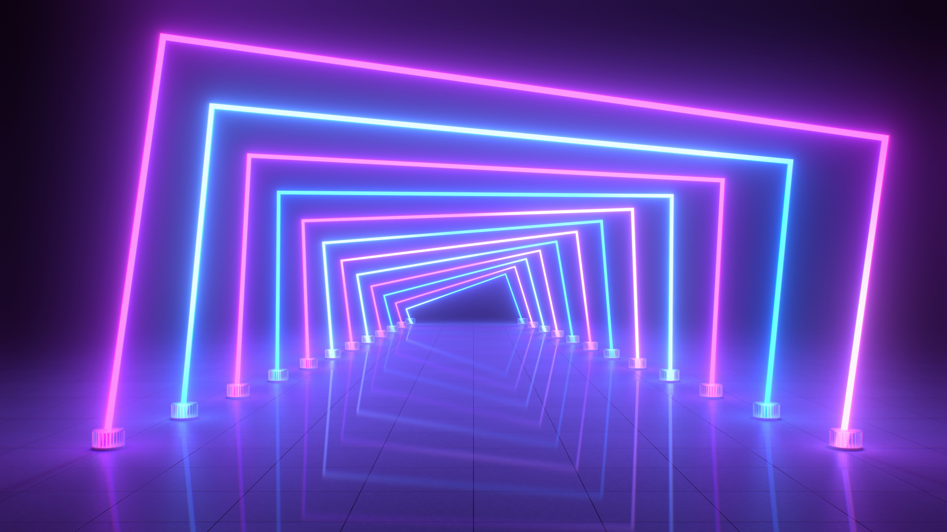 Ultraviolet Abstract Neon Light Tunnel Squares Glow with Reflections - Abstract Background Texture